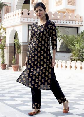 Black Printed Cotton Kurta With Trouser Set 1