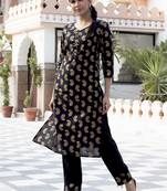 Black Printed Cotton Kurta With Trouser Set