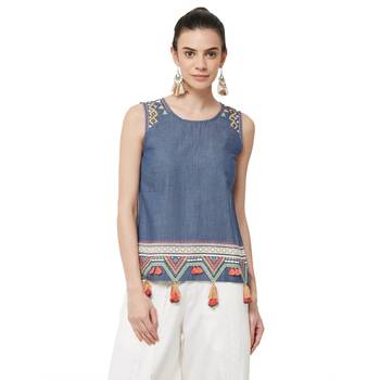 Blue printed denim long tops 1
