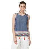 Blue printed denim long tops