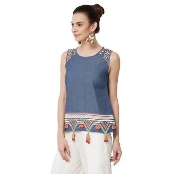 Blue printed denim long tops 2