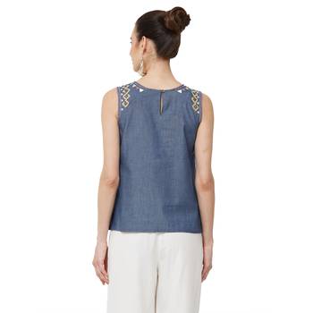 Blue printed denim long tops 3