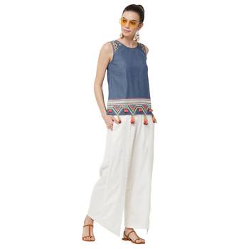 Blue printed denim long tops 4