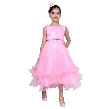 Pink Embroidered Super Net Kids Girl Gowns 1