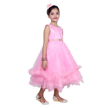 Pink Embroidered Super Net Kids Girl Gowns 3