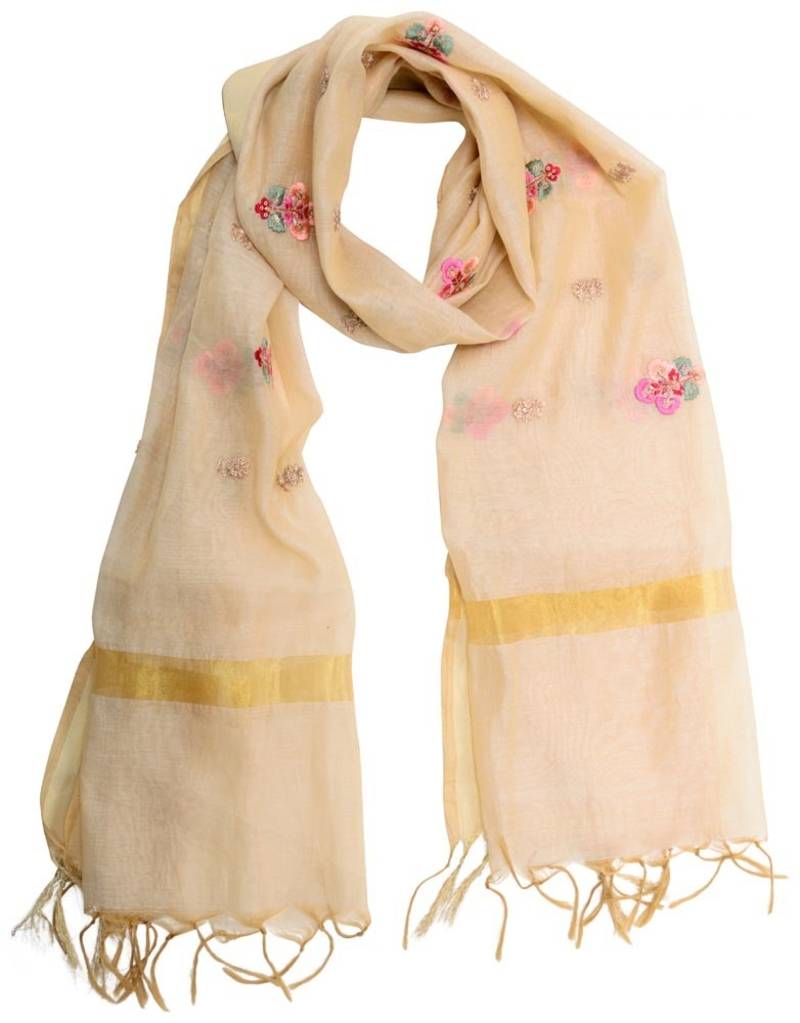Fabric and Lace Thread Sequins And Zari Work Floral Butta Design Chanderi Silk Kasab Border With Tassels Dupatta,Stoles