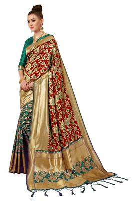 Green woven art silk sarees saree with blouse 2