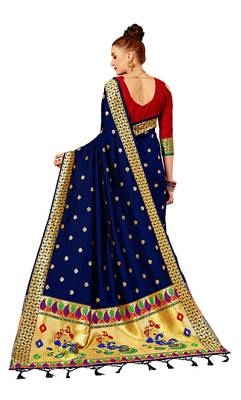Blue woven art silk saree with blouse 4