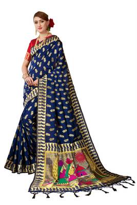 Blue woven art silk saree with blouse 1