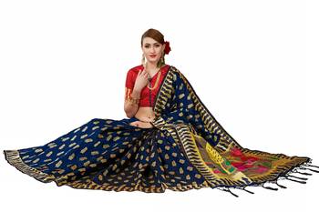 Blue woven art silk saree with blouse 5