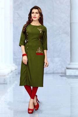Green embroidered rayon long kurtis 1