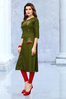 Green embroidered rayon long kurtis 3