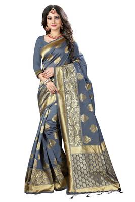Grey woven banarasi art silk saree with blouse 1