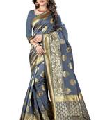 Grey woven banarasi art silk saree with blouse