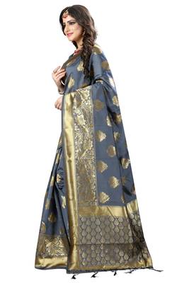 Grey woven banarasi art silk saree with blouse 2