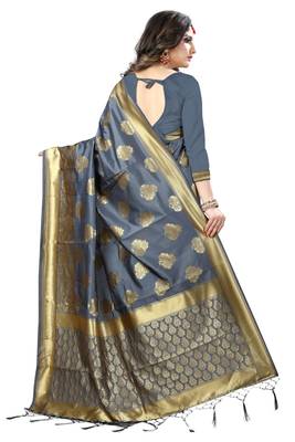 Grey woven banarasi art silk saree with blouse 3