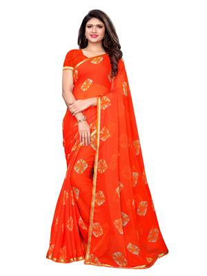 Orange Printed Chiffon Saree With Blouse 1