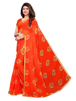 Orange Printed Chiffon Saree With Blouse 2