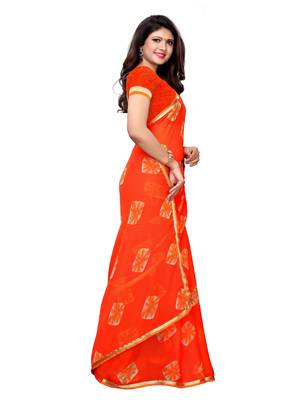 Orange Printed Chiffon Saree With Blouse 3
