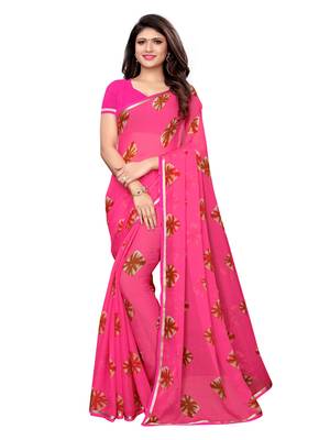 Pink printed chiffon saree with blouse 1