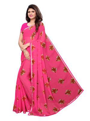 Pink printed chiffon saree with blouse 2
