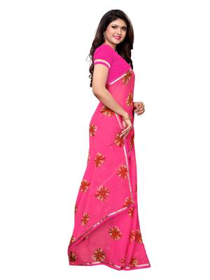 Pink printed chiffon saree with blouse 3