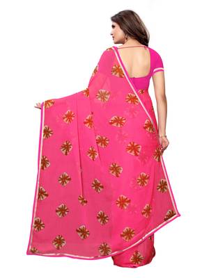 Pink printed chiffon saree with blouse 4