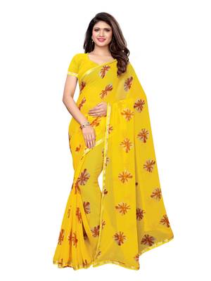 Yellow Printed Chiffon Saree With Blouse 1