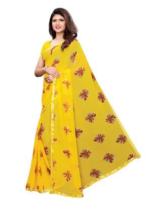 Yellow Printed Chiffon Saree With Blouse 2