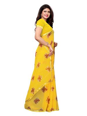 Yellow Printed Chiffon Saree With Blouse 3