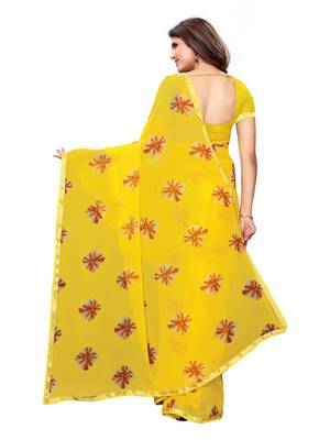 Yellow Printed Chiffon Saree With Blouse 4