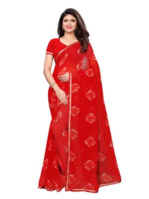 Red Printed Chiffon Saree With Blouse 1