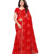 Red Printed Chiffon Saree With Blouse