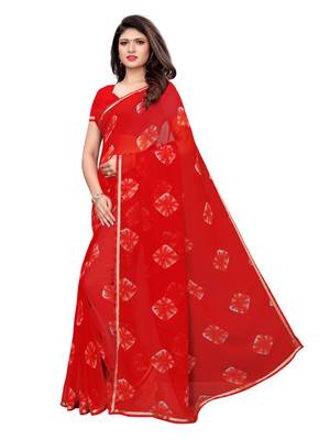 Red Printed Chiffon Saree With Blouse 2