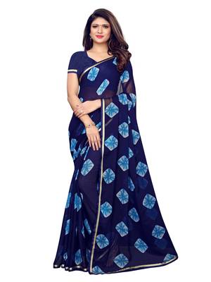 Navy Blue Printed Chiffon Saree With Blouse 1