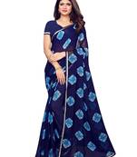 Navy Blue Printed Chiffon Saree With Blouse