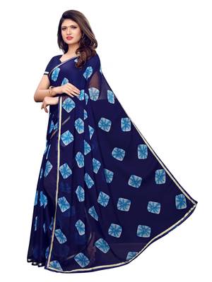 Navy Blue Printed Chiffon Saree With Blouse 2