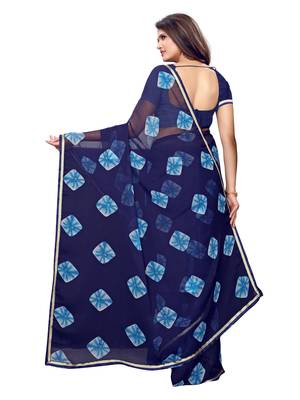 Navy Blue Printed Chiffon Saree With Blouse 4