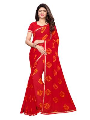 Red Printed Chiffon Saree With Blouse 1