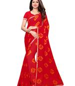 Red Printed Chiffon Saree With Blouse