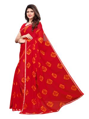 Red Printed Chiffon Saree With Blouse 2