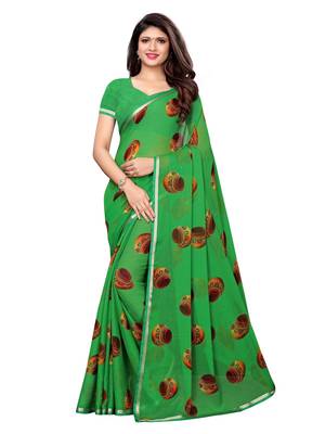 Green Printed Chiffon Saree With Blouse 1