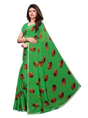 Green Printed Chiffon Saree With Blouse 2