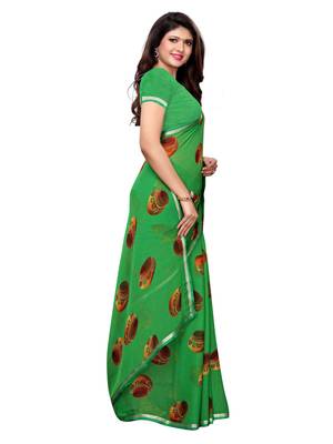 Green Printed Chiffon Saree With Blouse 3