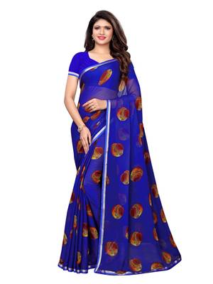 Blue Printed Chiffon Saree With Blouse 1