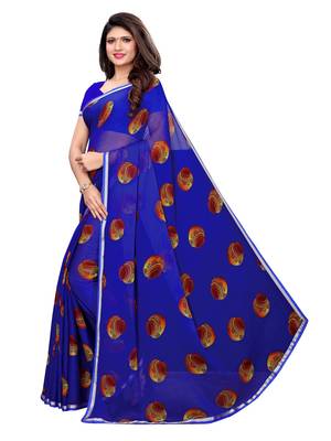 Blue Printed Chiffon Saree With Blouse 2