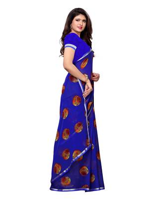 Blue Printed Chiffon Saree With Blouse 3