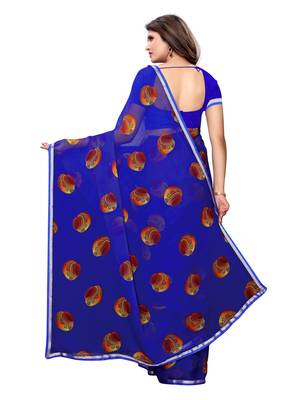 Blue Printed Chiffon Saree With Blouse 4