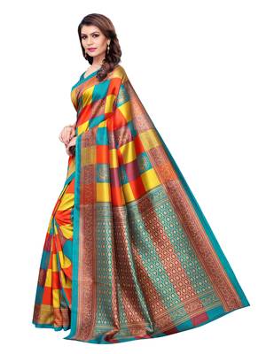 Multicolor Printed Poly Silk Saree With Blouse 2
