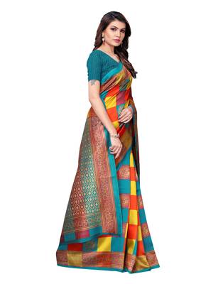 Multicolor Printed Poly Silk Saree With Blouse 3